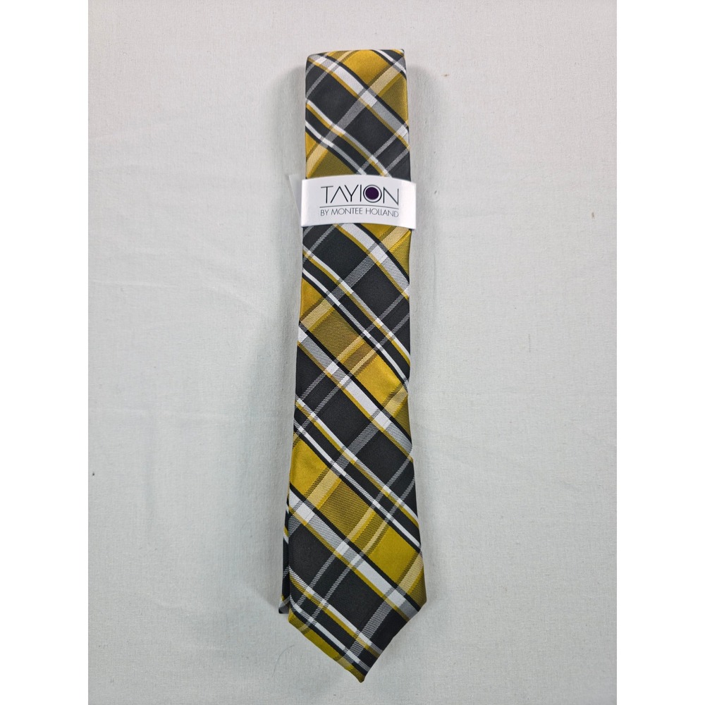 Tayion Mens Tie One Size Gold Black/White Plaid Formal Business Necktie NWT